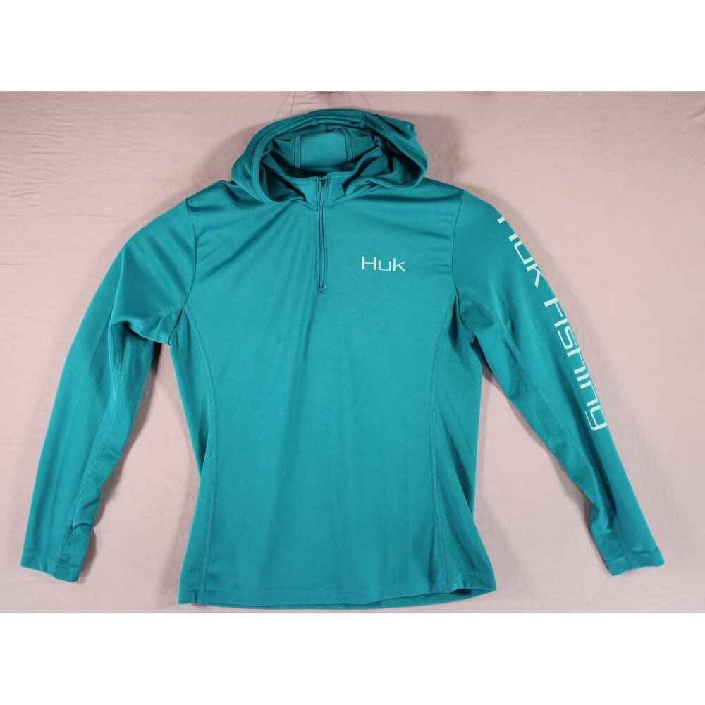 Huk Women's Large Teal Hooded Fishing Shirt Quarter Zip Long Sleeve Mesh Panels